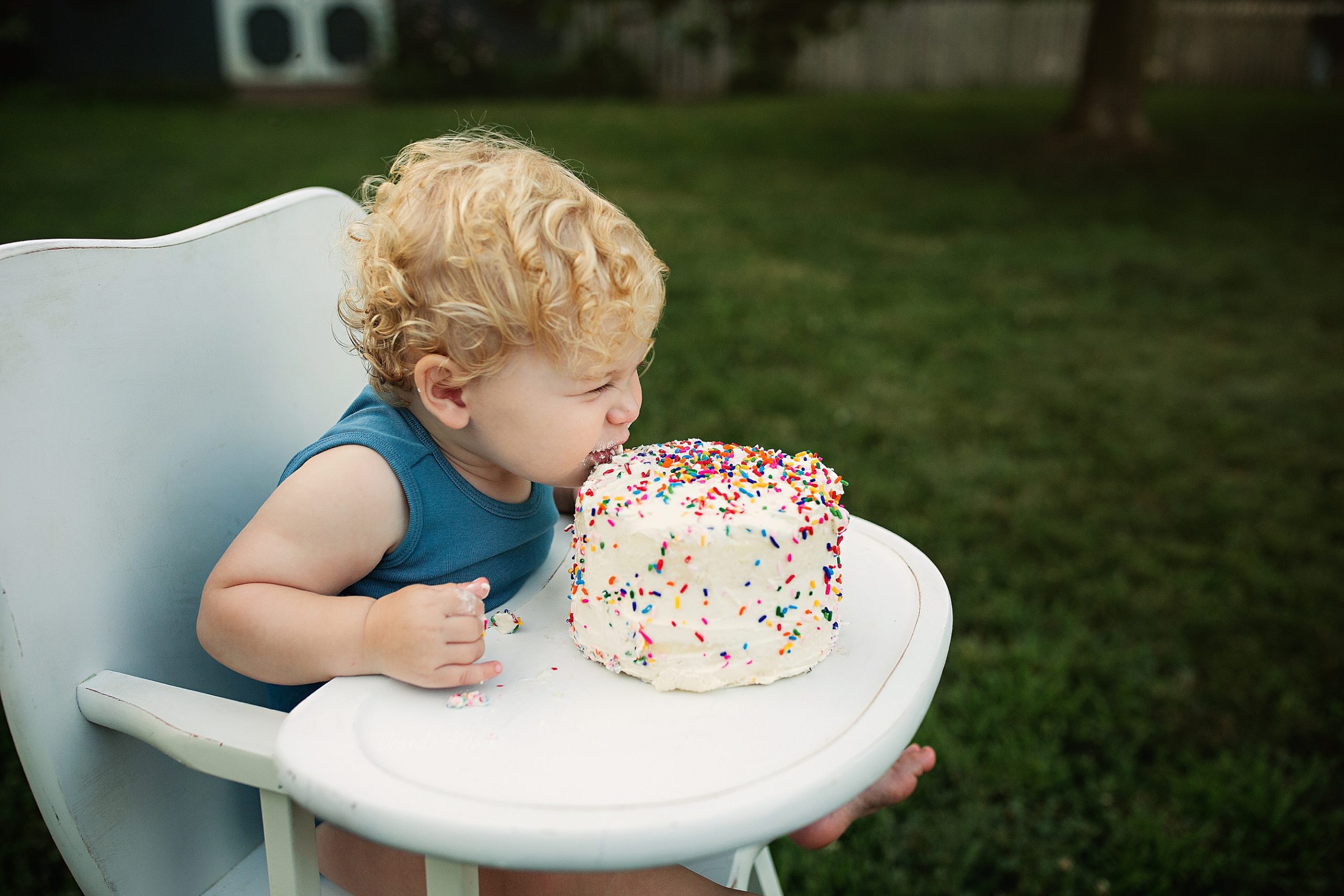 Outdoor Cake Smash with Sprinkle Cake and High Chair | Peoria IL Cake Smash Washington IL 1 Year Photographer